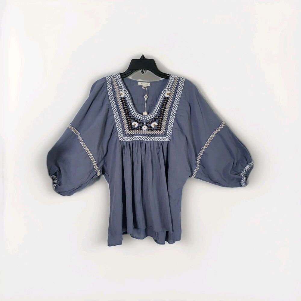 Max Studio Women's Blue Embroidered Blouse Size Large Boho Peasant NEW